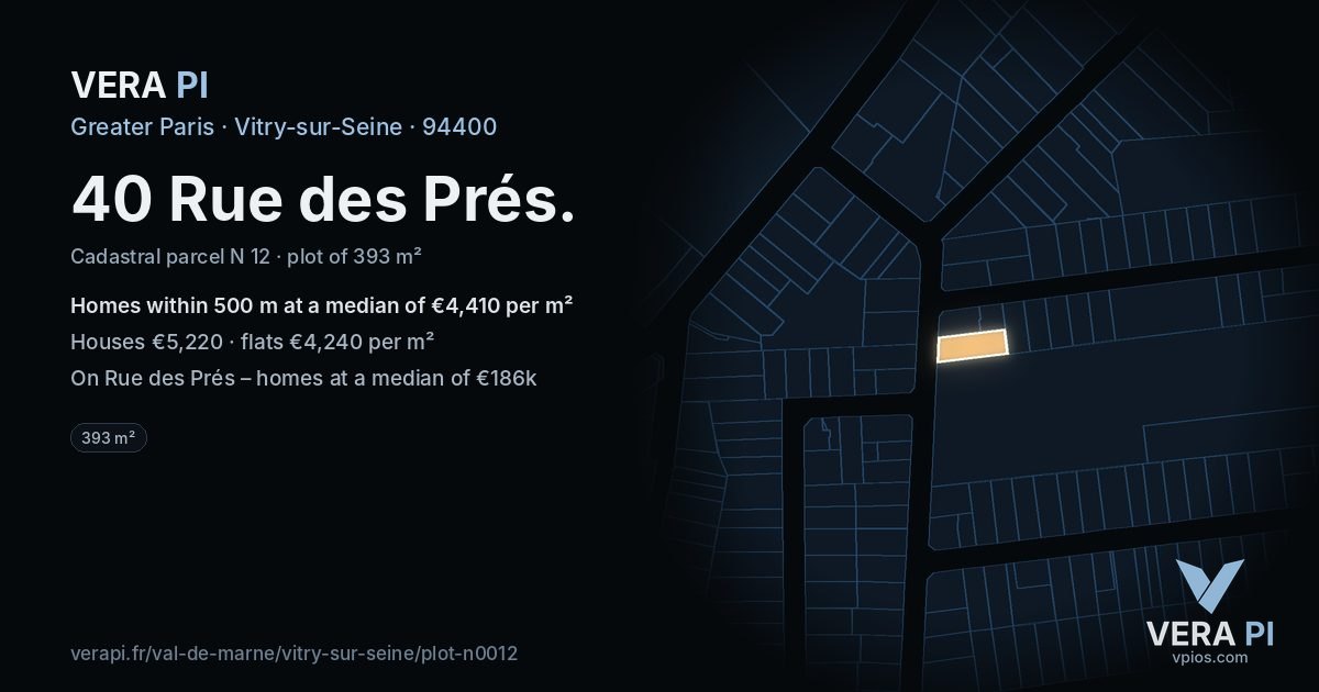 40 Rue des Prés, Vitry-sur-Seine at night – the plot lit, the parcels around coloured by the prices near them