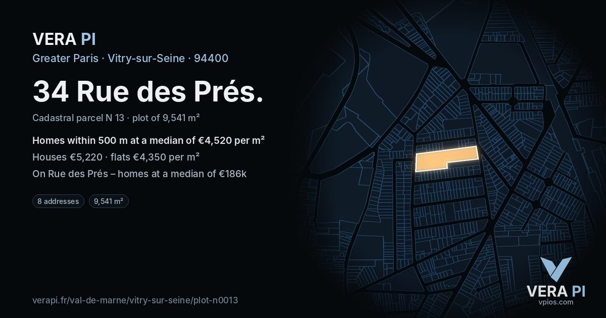 34 Rue des Prés, Vitry-sur-Seine at night – the plot lit, the parcels around coloured by the prices near them