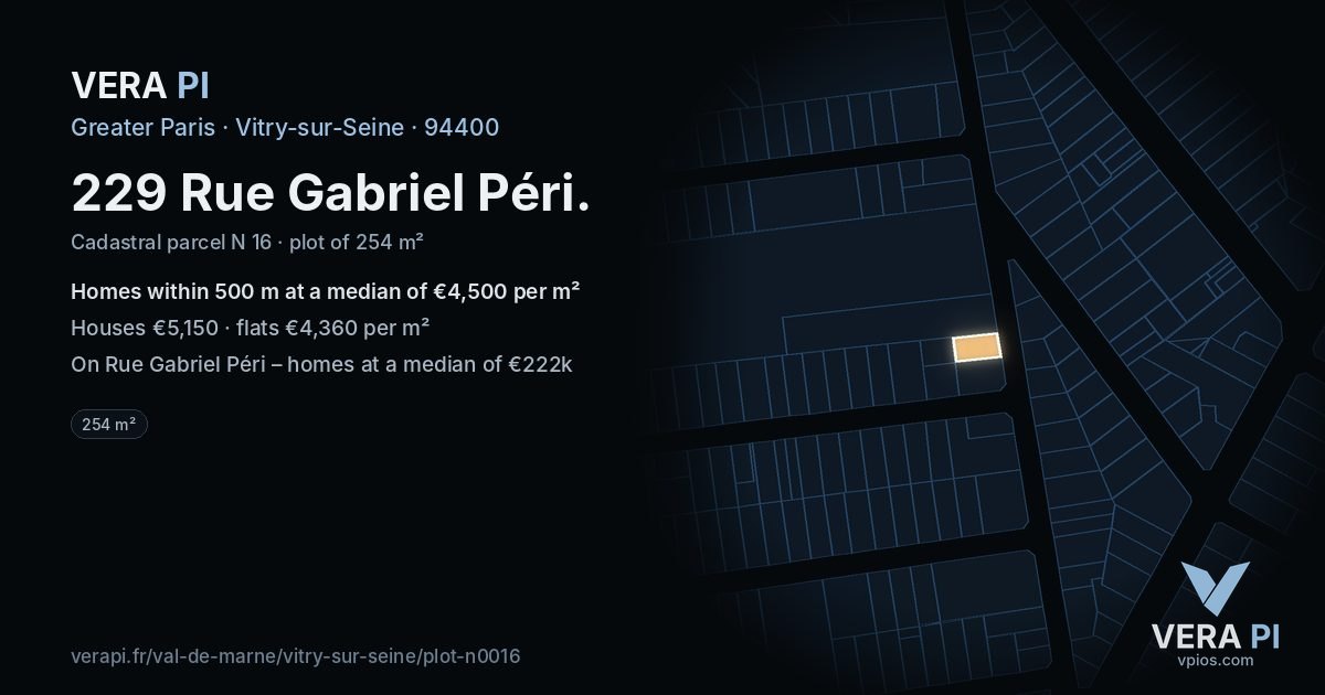 229 Rue Gabriel Péri, Vitry-sur-Seine at night – the plot lit, the parcels around coloured by the prices near them
