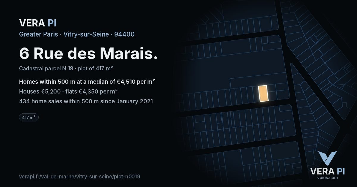 6 Rue des Marais, Vitry-sur-Seine at night – the plot lit, the parcels around coloured by the prices near them
