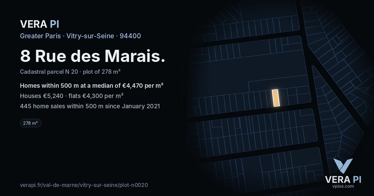 8 Rue des Marais, Vitry-sur-Seine at night – the plot lit, the parcels around coloured by the prices near them