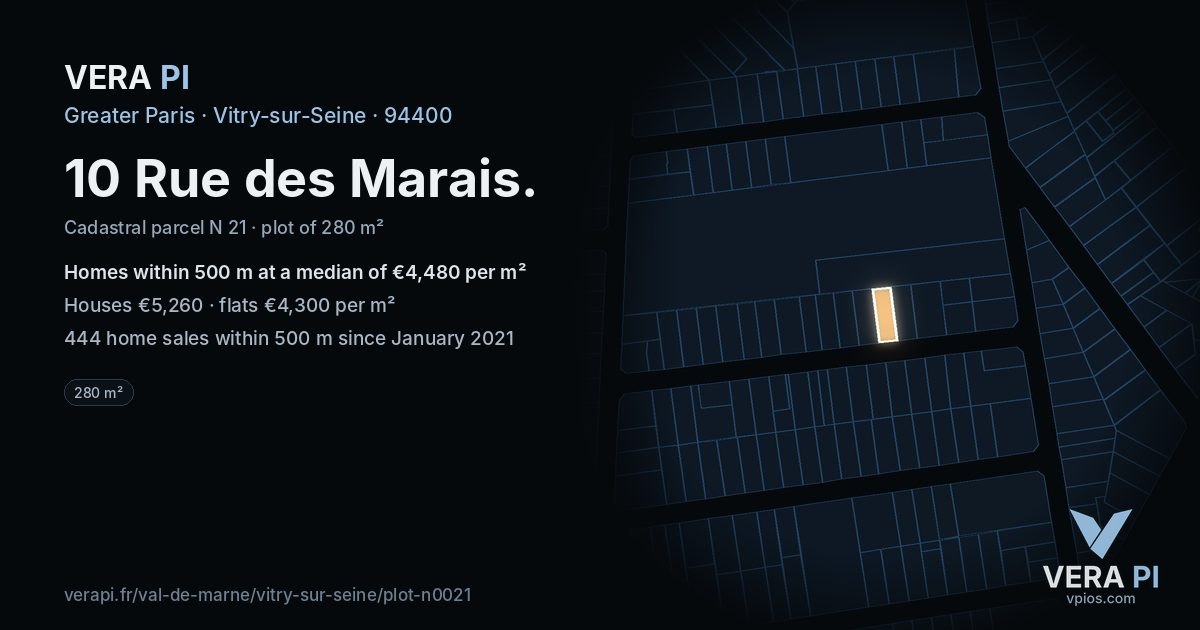 10 Rue des Marais, Vitry-sur-Seine at night – the plot lit, the parcels around coloured by the prices near them
