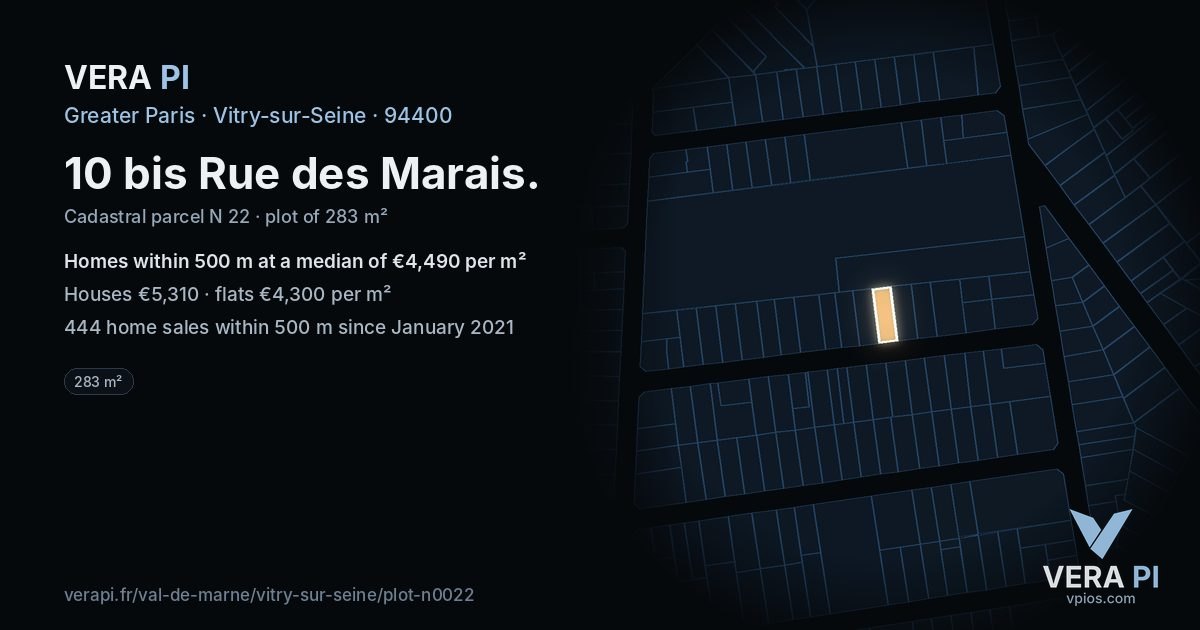 10 bis Rue des Marais, Vitry-sur-Seine at night – the plot lit, the parcels around coloured by the prices near them