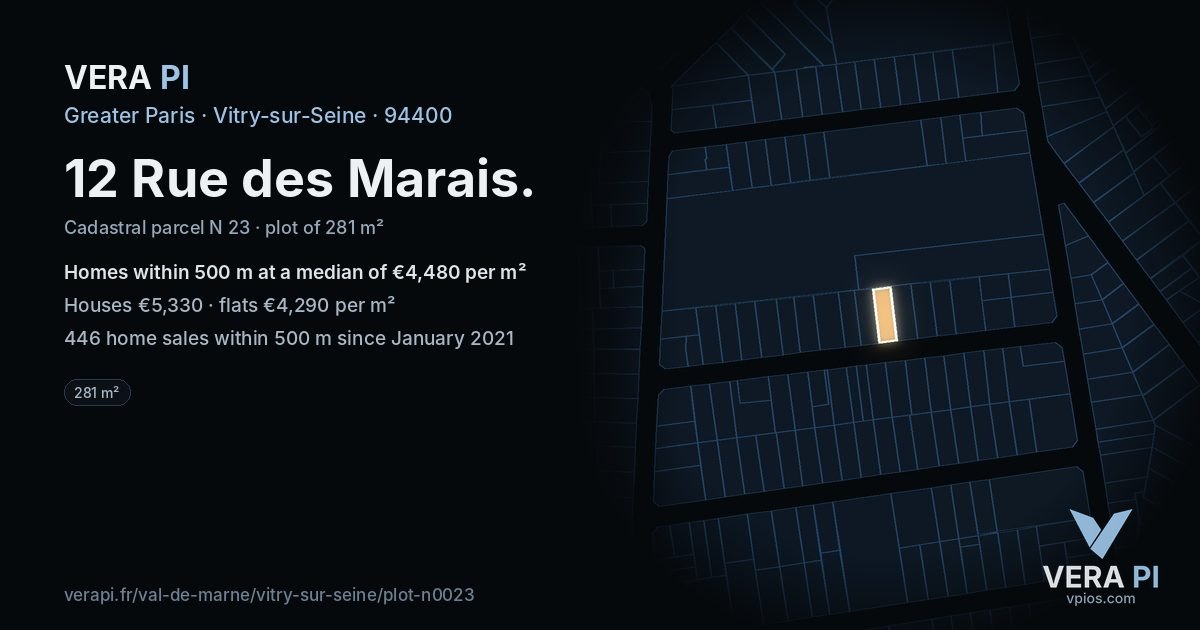 12 Rue des Marais, Vitry-sur-Seine at night – the plot lit, the parcels around coloured by the prices near them