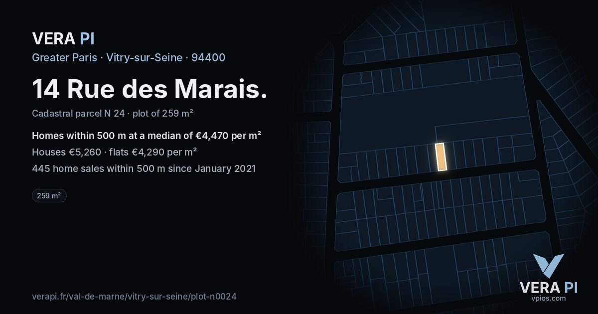 14 Rue des Marais, Vitry-sur-Seine at night – the plot lit, the parcels around coloured by the prices near them