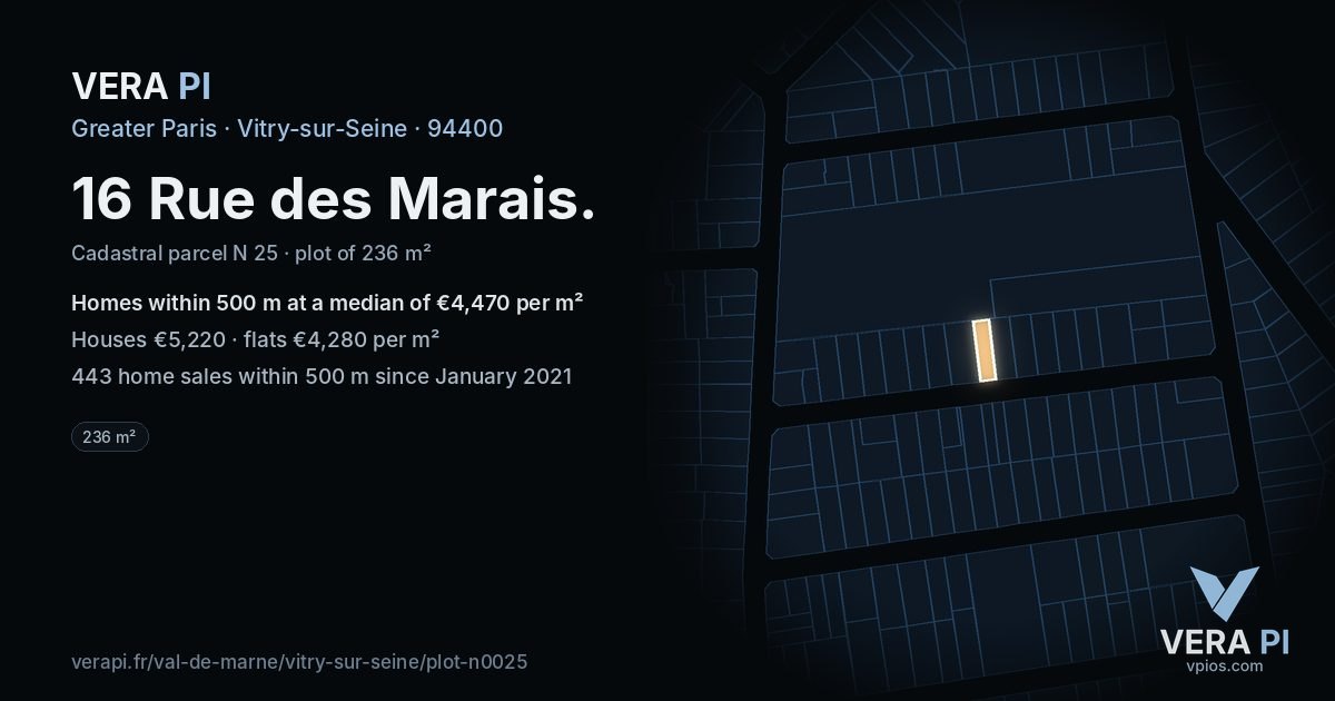 16 Rue des Marais, Vitry-sur-Seine at night – the plot lit, the parcels around coloured by the prices near them