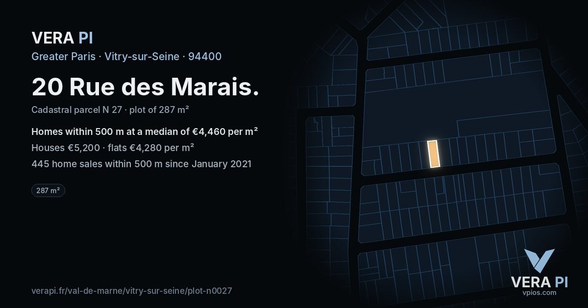 20 Rue des Marais, Vitry-sur-Seine at night – the plot lit, the parcels around coloured by the prices near them