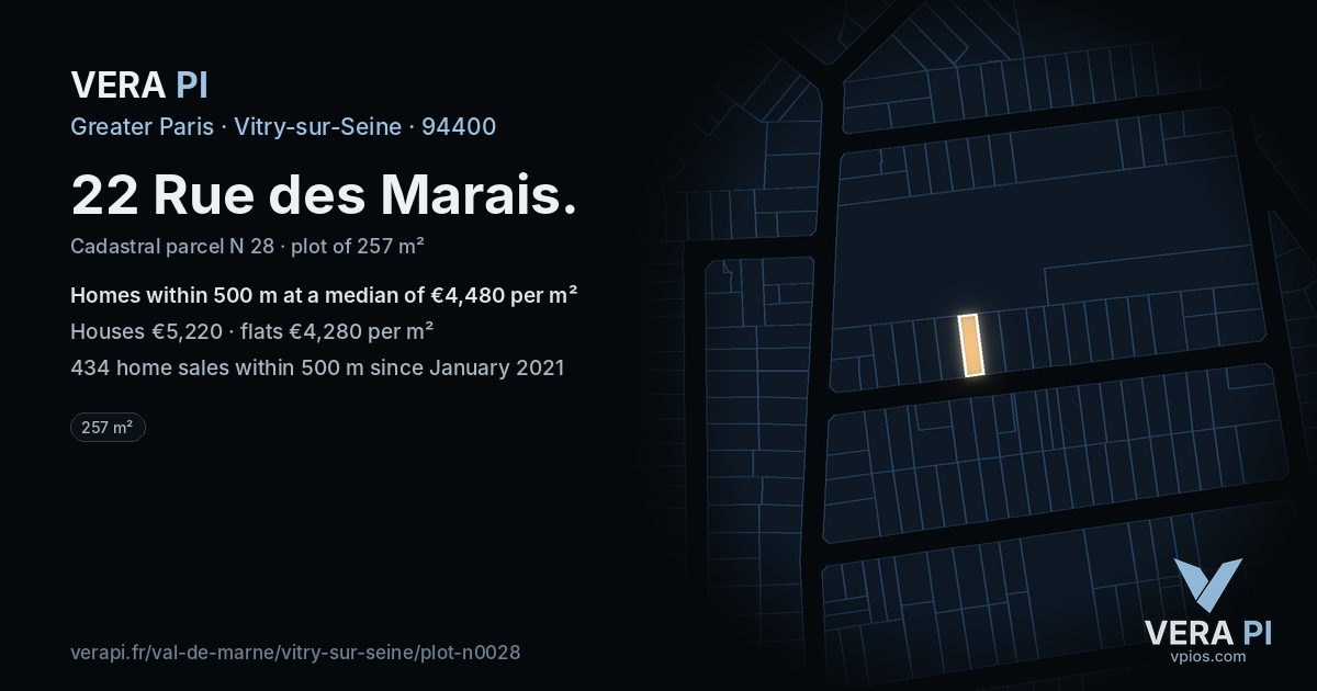 22 Rue des Marais, Vitry-sur-Seine at night – the plot lit, the parcels around coloured by the prices near them