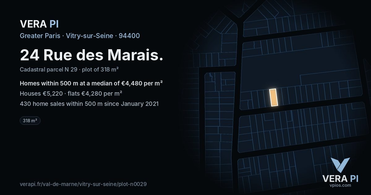 24 Rue des Marais, Vitry-sur-Seine at night – the plot lit, the parcels around coloured by the prices near them