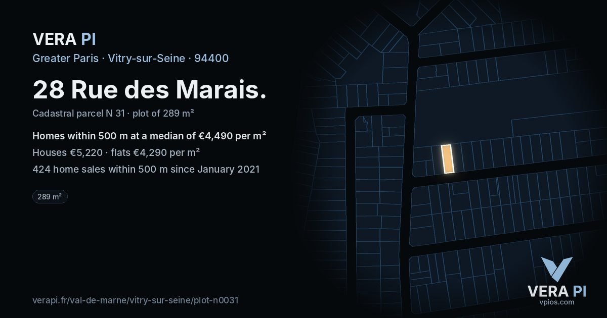 28 Rue des Marais, Vitry-sur-Seine at night – the plot lit, the parcels around coloured by the prices near them