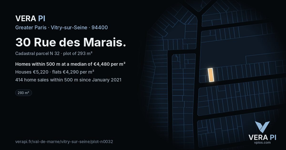30 Rue des Marais, Vitry-sur-Seine at night – the plot lit, the parcels around coloured by the prices near them