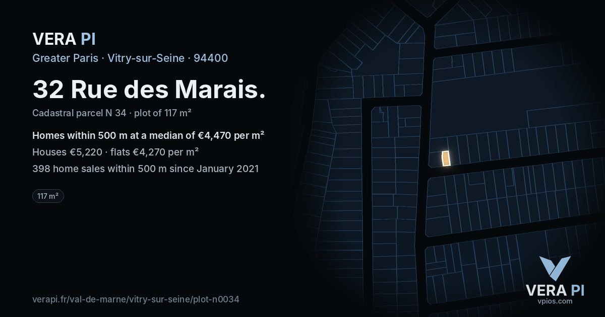 32 Rue des Marais, Vitry-sur-Seine at night – the plot lit, the parcels around coloured by the prices near them