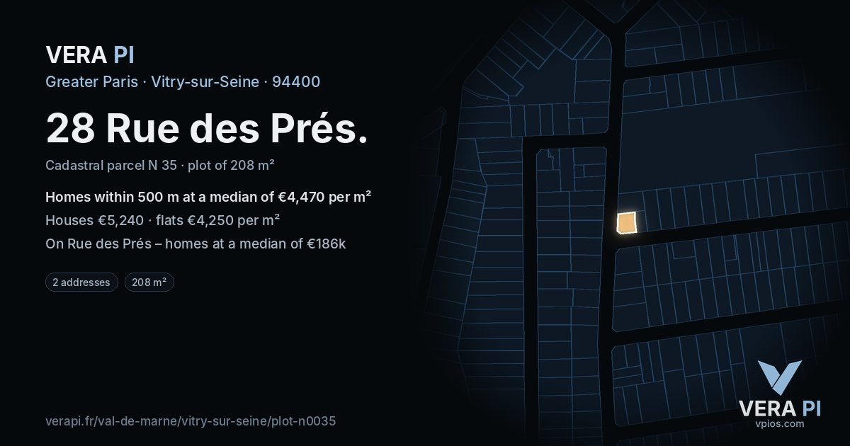 28 Rue des Prés, Vitry-sur-Seine at night – the plot lit, the parcels around coloured by the prices near them