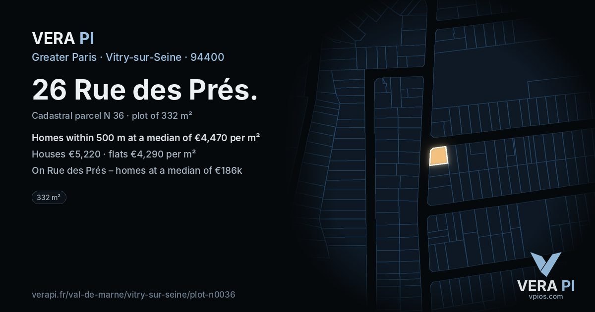 26 Rue des Prés, Vitry-sur-Seine at night – the plot lit, the parcels around coloured by the prices near them