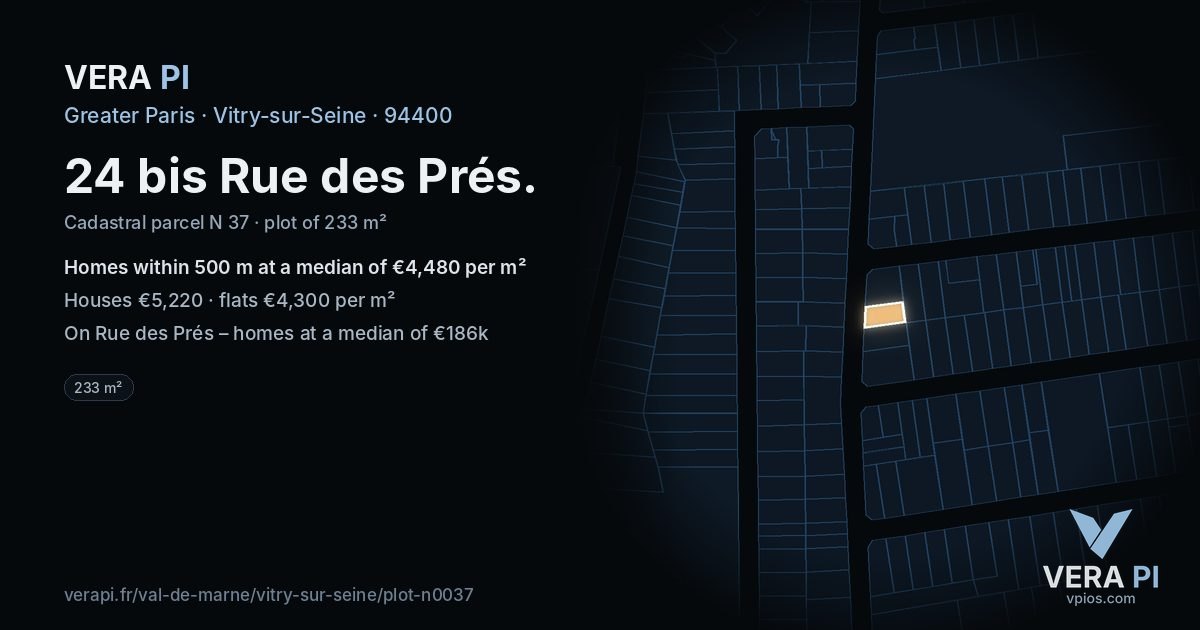 24 bis Rue des Prés, Vitry-sur-Seine at night – the plot lit, the parcels around coloured by the prices near them