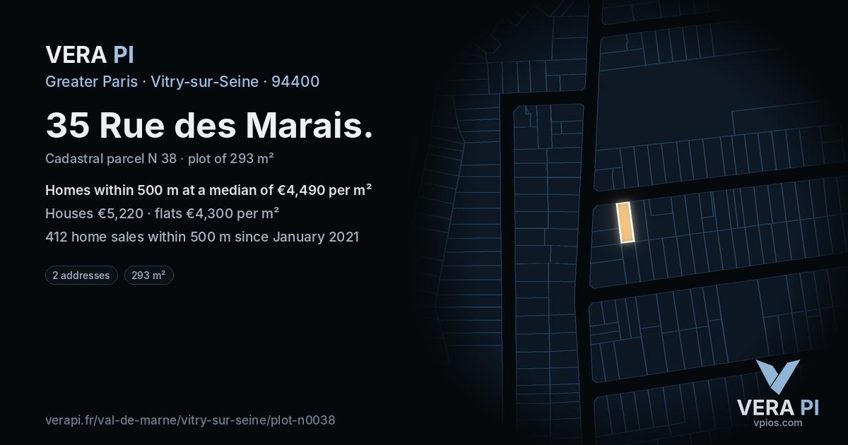 35 Rue des Marais, Vitry-sur-Seine at night – the plot lit, the parcels around coloured by the prices near them