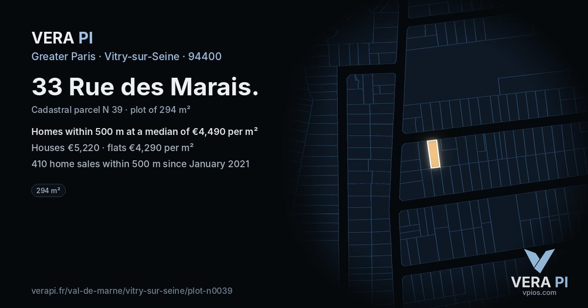 33 Rue des Marais, Vitry-sur-Seine at night – the plot lit, the parcels around coloured by the prices near them