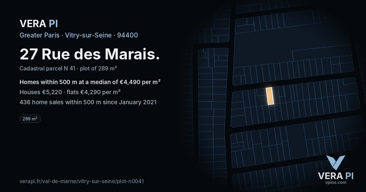 27 Rue des Marais, Vitry-sur-Seine at night – the plot lit, the parcels around coloured by the prices near them