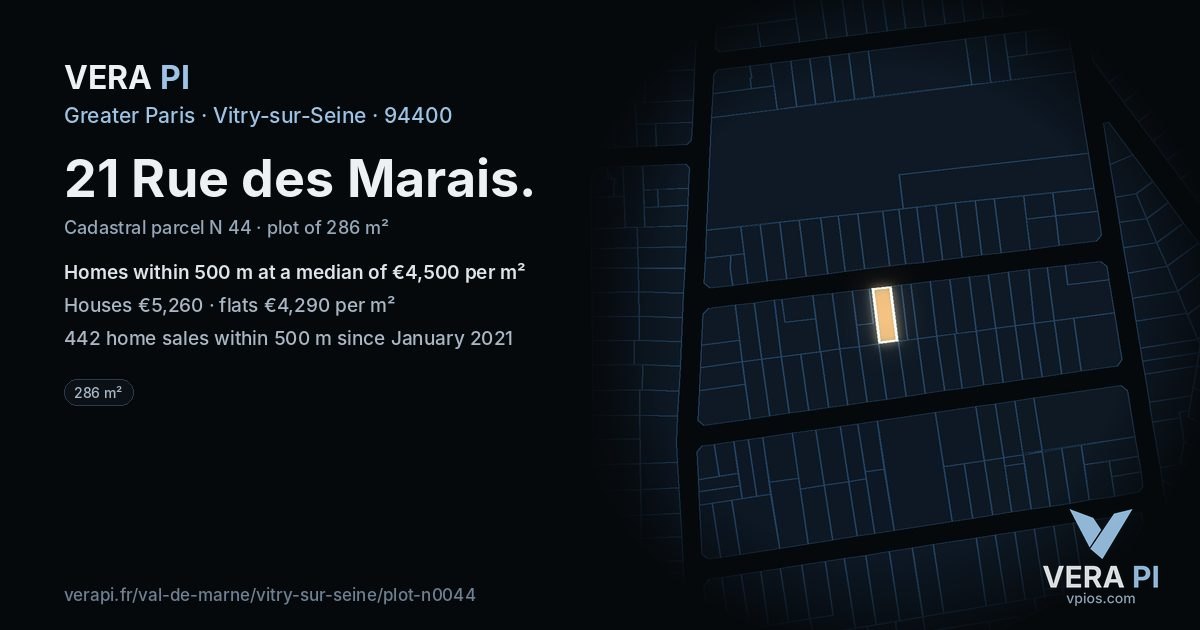 21 Rue des Marais, Vitry-sur-Seine at night – the plot lit, the parcels around coloured by the prices near them