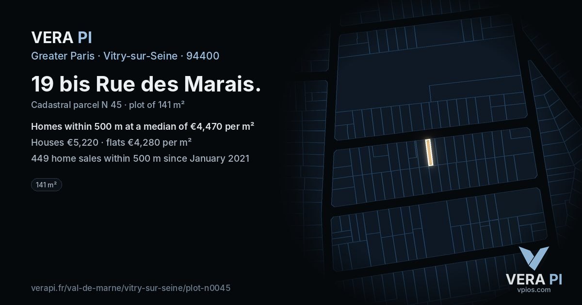 19 bis Rue des Marais, Vitry-sur-Seine at night – the plot lit, the parcels around coloured by the prices near them
