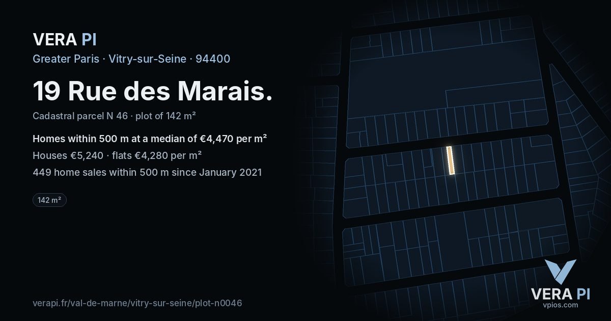 19 Rue des Marais, Vitry-sur-Seine at night – the plot lit, the parcels around coloured by the prices near them