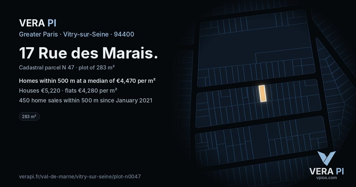 17 Rue des Marais, Vitry-sur-Seine at night – the plot lit, the parcels around coloured by the prices near them