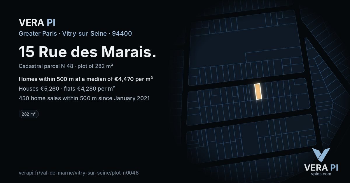 15 Rue des Marais, Vitry-sur-Seine at night – the plot lit, the parcels around coloured by the prices near them
