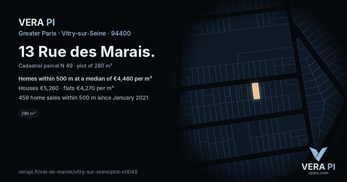 13 Rue des Marais, Vitry-sur-Seine at night – the plot lit, the parcels around coloured by the prices near them