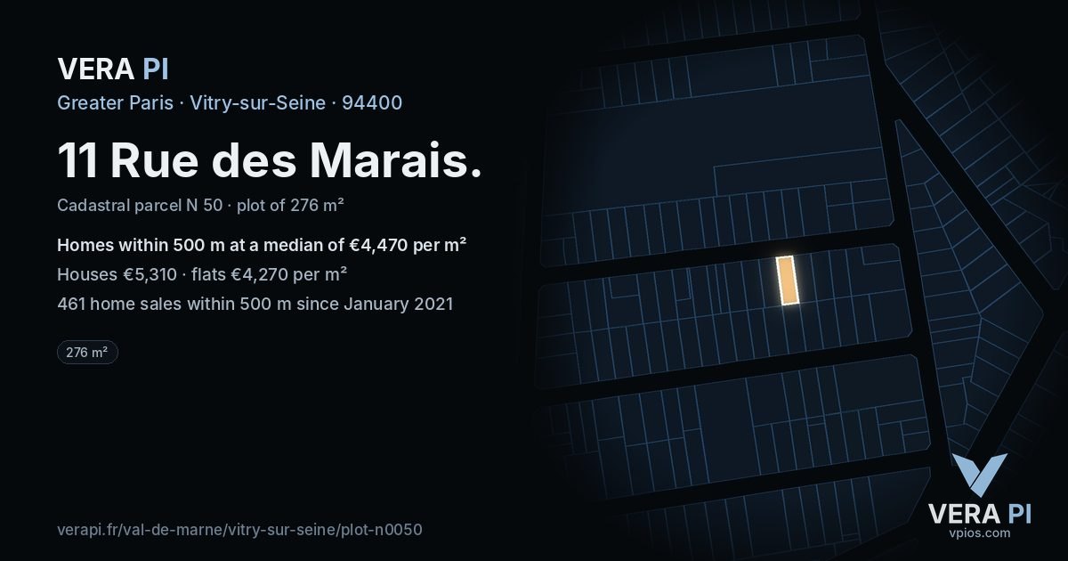 11 Rue des Marais, Vitry-sur-Seine at night – the plot lit, the parcels around coloured by the prices near them