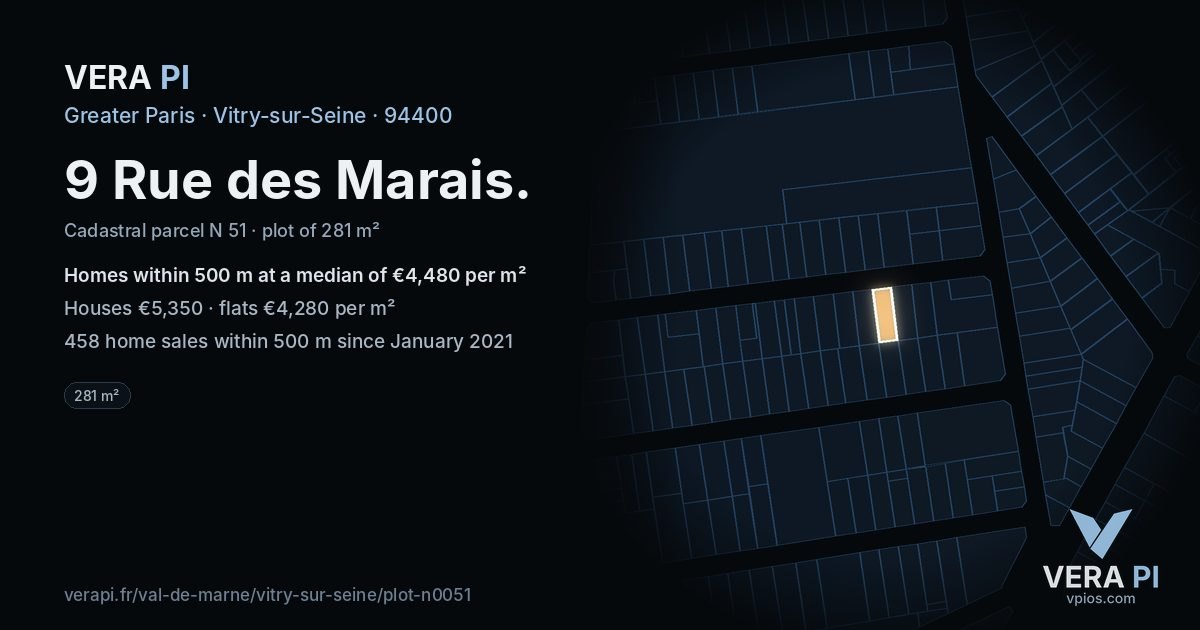 9 Rue des Marais, Vitry-sur-Seine at night – the plot lit, the parcels around coloured by the prices near them