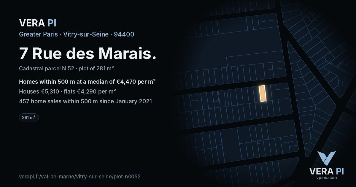 7 Rue des Marais, Vitry-sur-Seine at night – the plot lit, the parcels around coloured by the prices near them