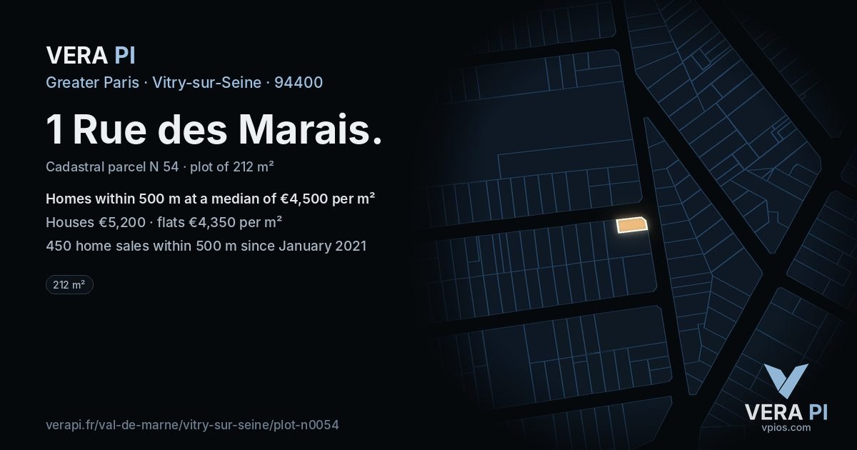 1 Rue des Marais, Vitry-sur-Seine at night – the plot lit, the parcels around coloured by the prices near them