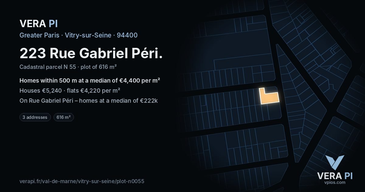 223 Rue Gabriel Péri, Vitry-sur-Seine at night – the plot lit, the parcels around coloured by the prices near them