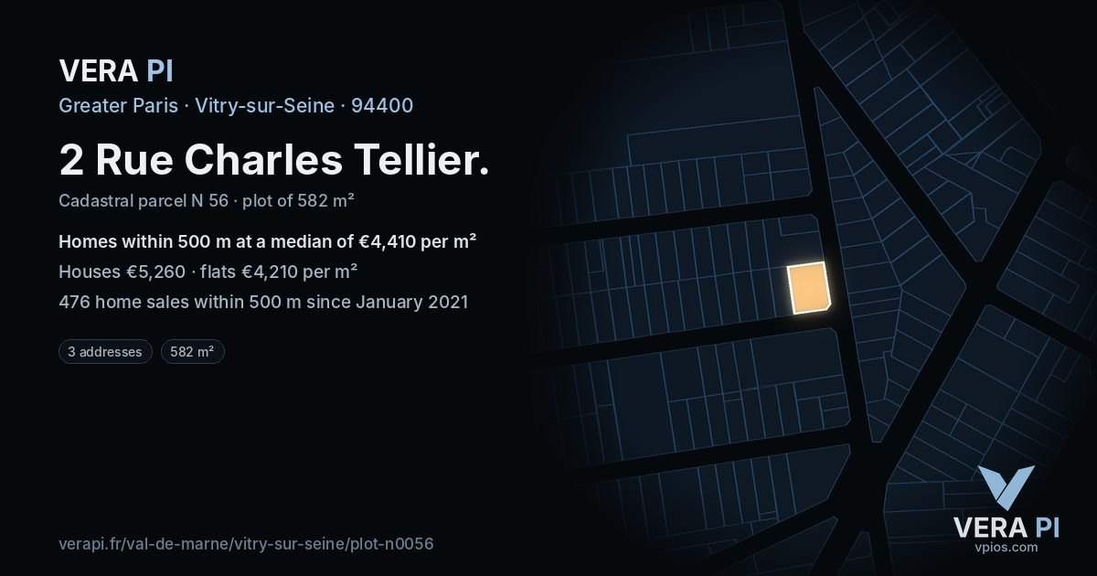 2 Rue Charles Tellier, Vitry-sur-Seine at night – the plot lit, the parcels around coloured by the prices near them