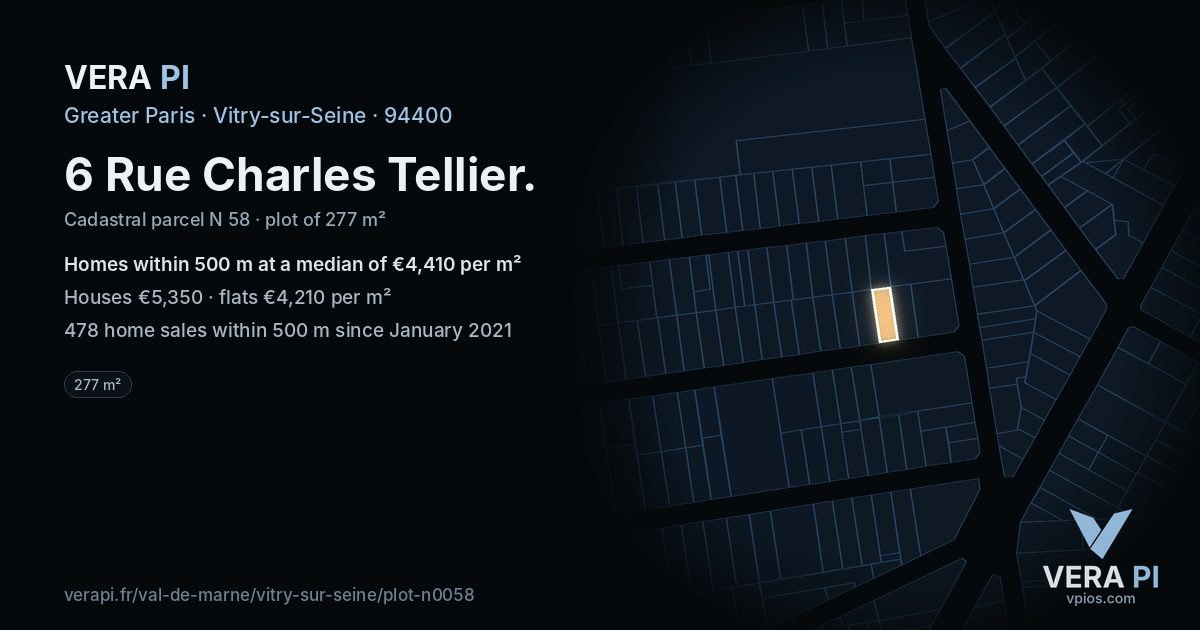 6 Rue Charles Tellier, Vitry-sur-Seine at night – the plot lit, the parcels around coloured by the prices near them