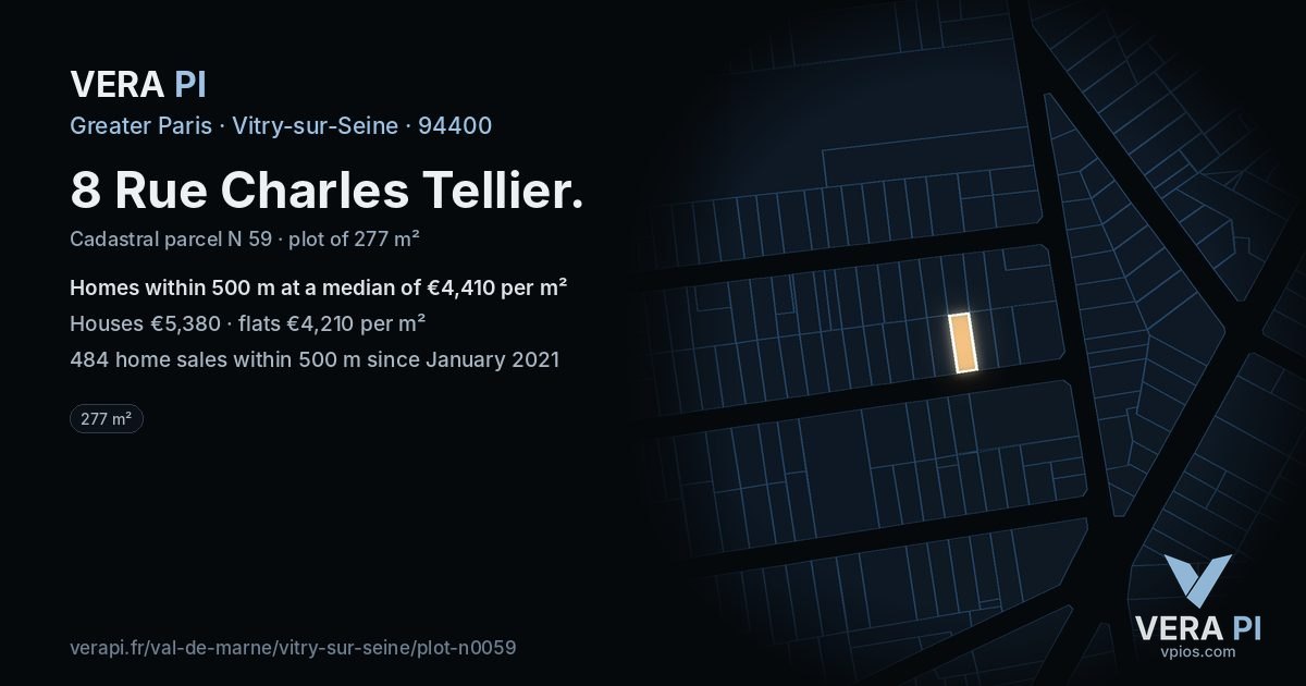 8 Rue Charles Tellier, Vitry-sur-Seine at night – the plot lit, the parcels around coloured by the prices near them