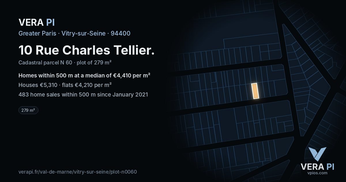10 Rue Charles Tellier, Vitry-sur-Seine at night – the plot lit, the parcels around coloured by the prices near them
