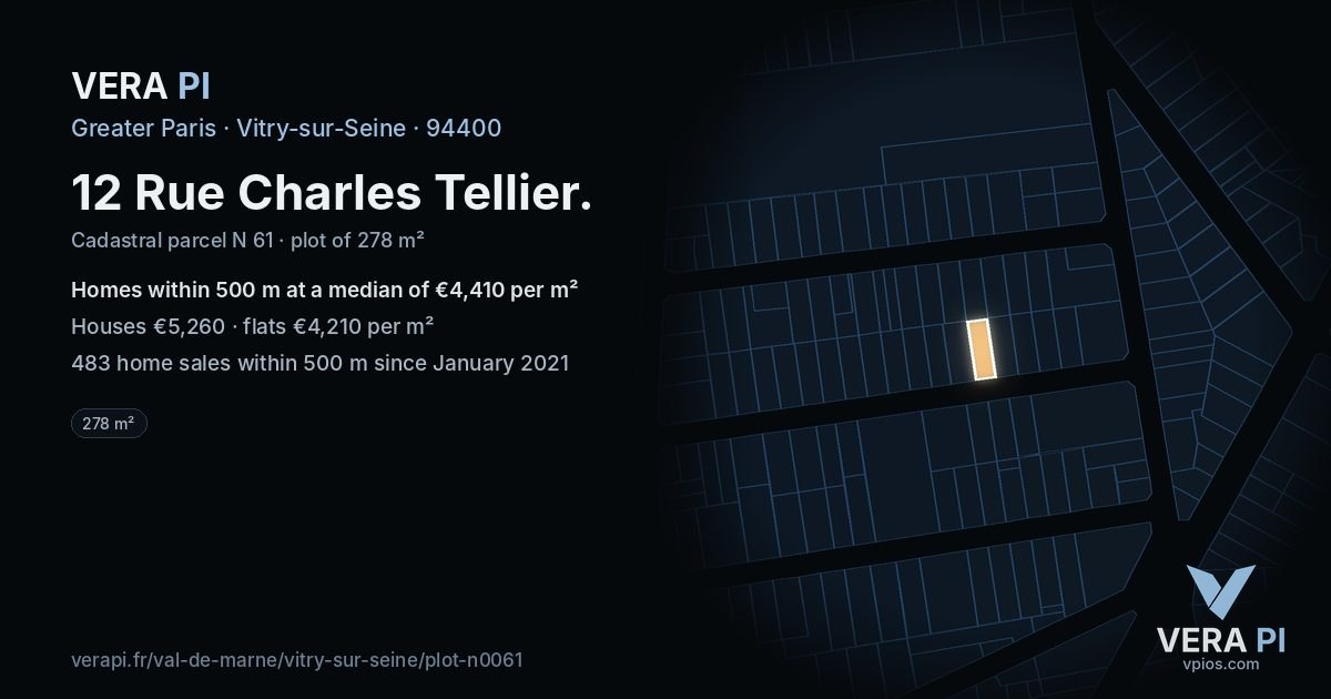 12 Rue Charles Tellier, Vitry-sur-Seine at night – the plot lit, the parcels around coloured by the prices near them