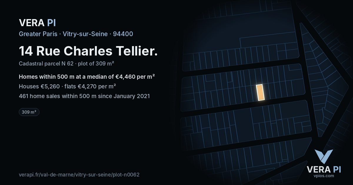 14 Rue Charles Tellier, Vitry-sur-Seine at night – the plot lit, the parcels around coloured by the prices near them