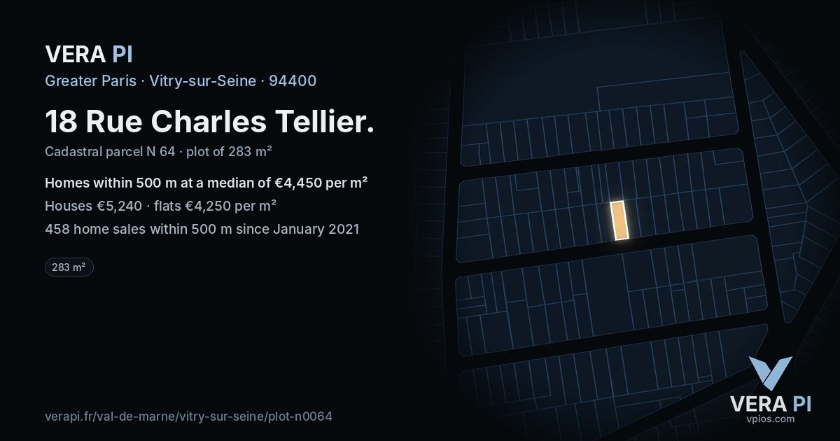 18 Rue Charles Tellier, Vitry-sur-Seine at night – the plot lit, the parcels around coloured by the prices near them