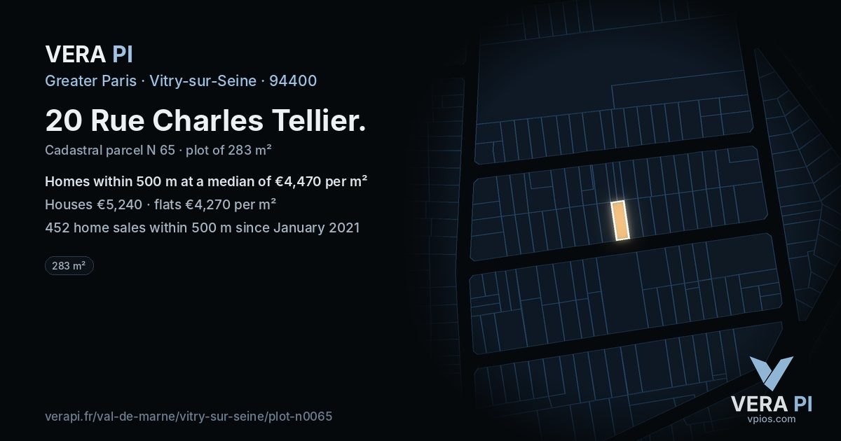 20 Rue Charles Tellier, Vitry-sur-Seine at night – the plot lit, the parcels around coloured by the prices near them