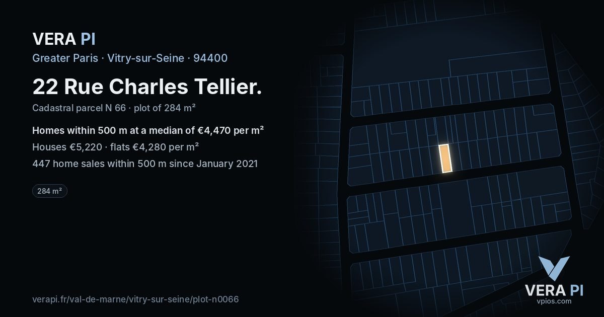 22 Rue Charles Tellier, Vitry-sur-Seine at night – the plot lit, the parcels around coloured by the prices near them