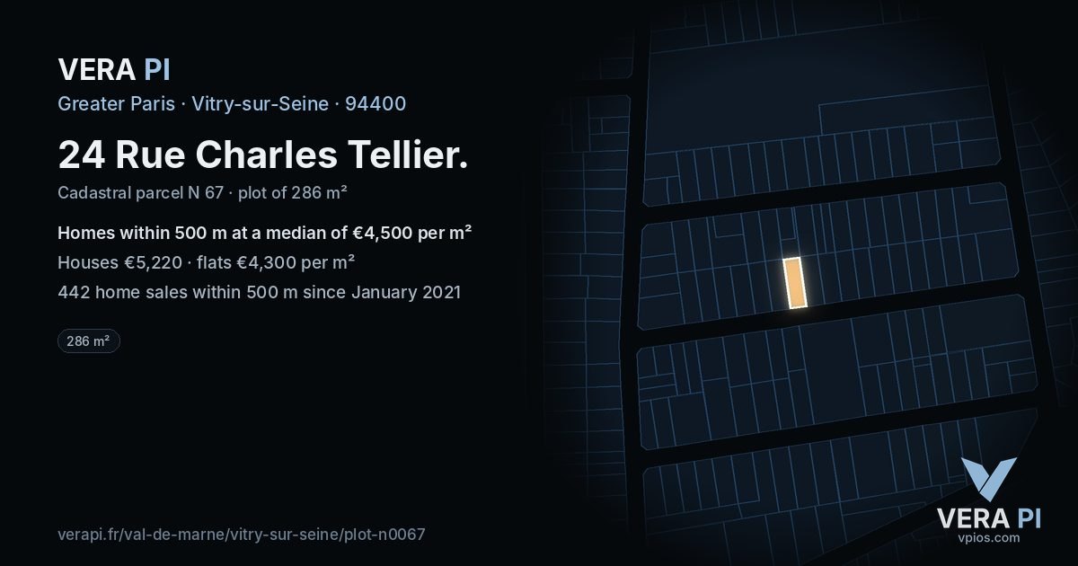 24 Rue Charles Tellier, Vitry-sur-Seine at night – the plot lit, the parcels around coloured by the prices near them