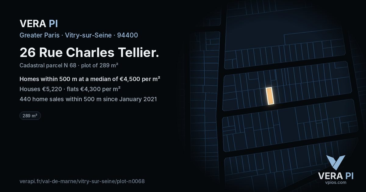26 Rue Charles Tellier, Vitry-sur-Seine at night – the plot lit, the parcels around coloured by the prices near them