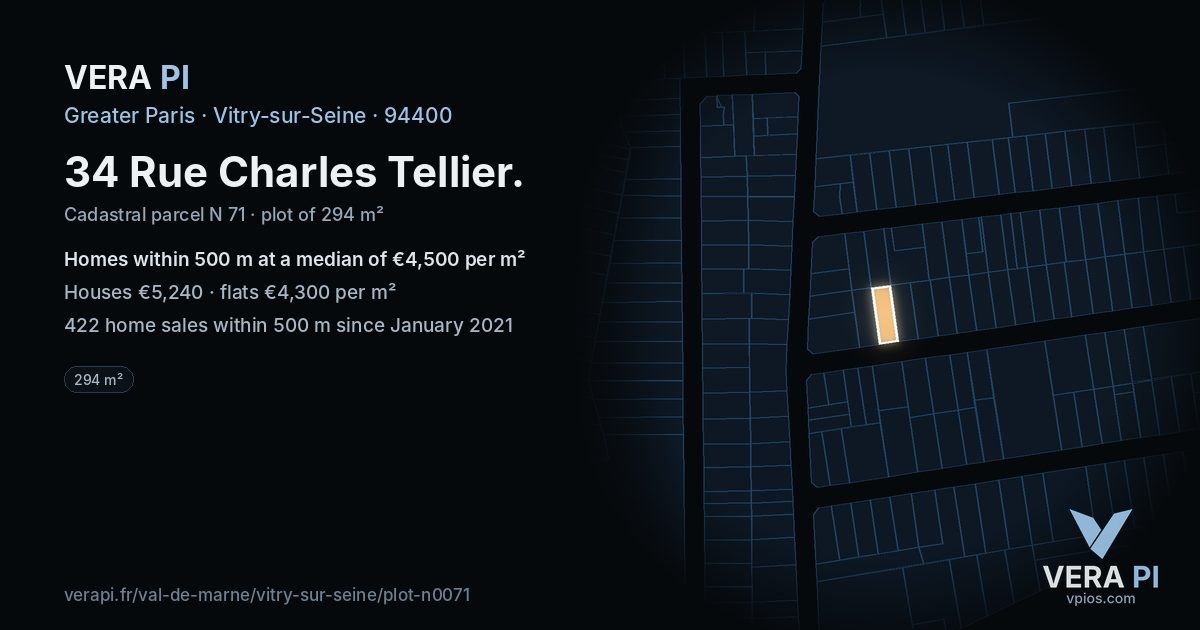 34 Rue Charles Tellier, Vitry-sur-Seine at night – the plot lit, the parcels around coloured by the prices near them