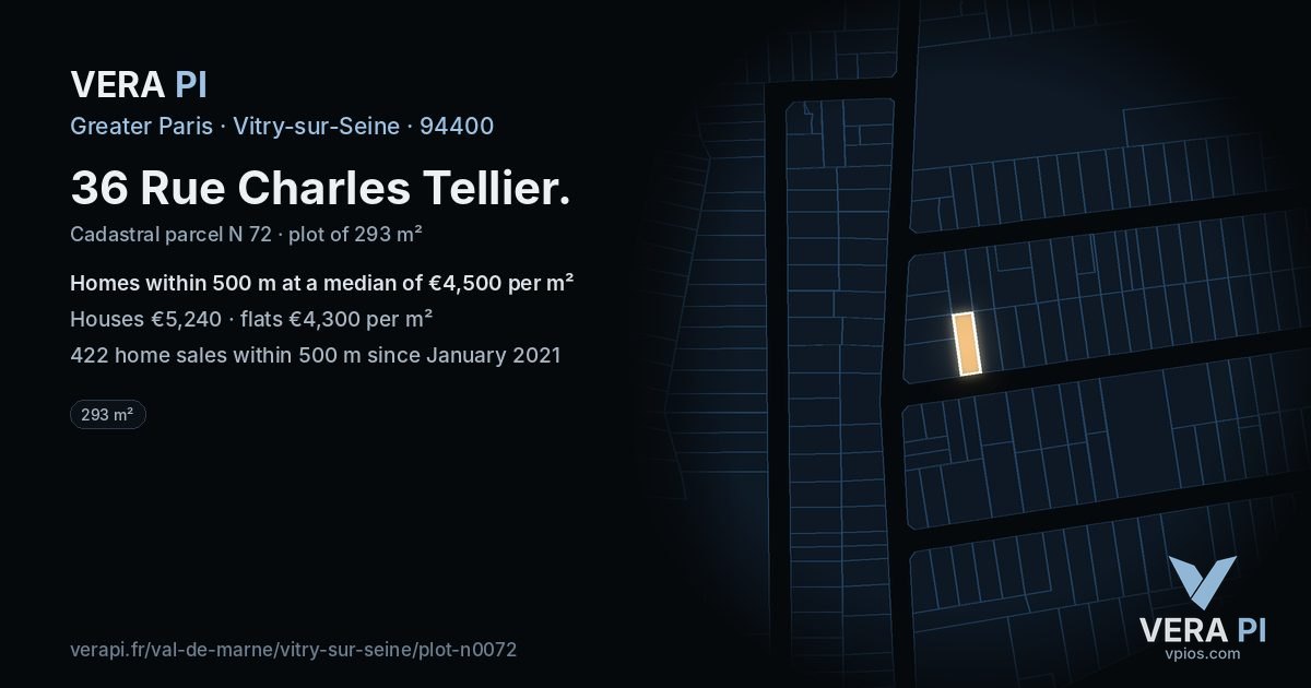 36 Rue Charles Tellier, Vitry-sur-Seine at night – the plot lit, the parcels around coloured by the prices near them