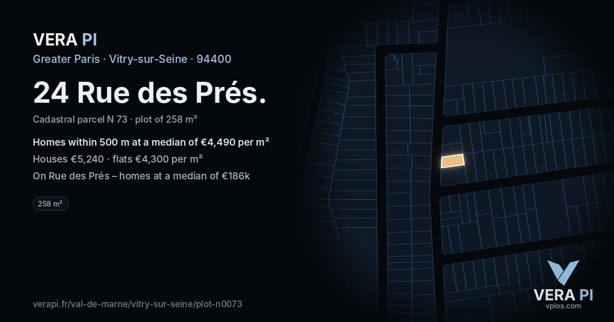 24 Rue des Prés, Vitry-sur-Seine at night – the plot lit, the parcels around coloured by the prices near them