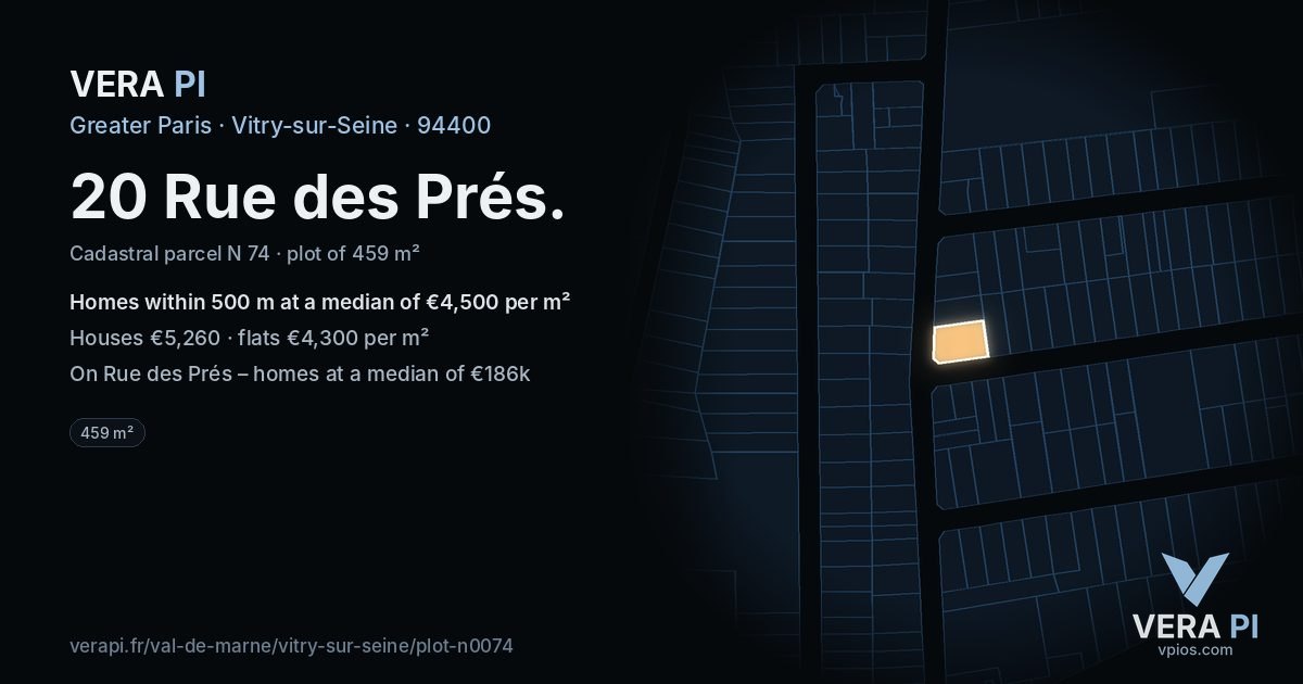 20 Rue des Prés, Vitry-sur-Seine at night – the plot lit, the parcels around coloured by the prices near them