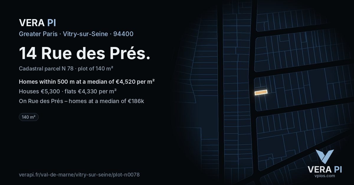 14 Rue des Prés, Vitry-sur-Seine at night – the plot lit, the parcels around coloured by the prices near them