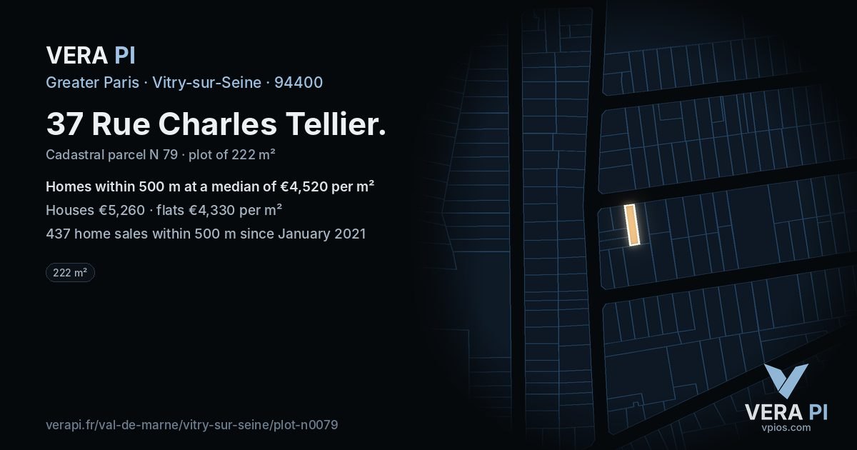 37 Rue Charles Tellier, Vitry-sur-Seine at night – the plot lit, the parcels around coloured by the prices near them